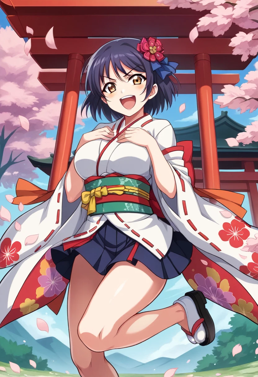 Big Breasts , live stage, solo,  looking at viewer, ((angry)), ((yelling)), hands on chest, mahoushoujo_kimono, pink_flower, obi, japanese_clothes, kimono, fur_trimmed_skirt, mini_skirt, flower_print_skirt, bow, looking_at_viewer, (front_view:1.3), female_focus, solo_focus, (view_straight_on:1.3), (blush:0.5), blue_ribbon, black_shoes, big_breasts, (posing:1.2), japanese jinja, shrine, (sakura, petals_floating, day, dating, happy:1.3), (phantasy:1.1),dynamic pose