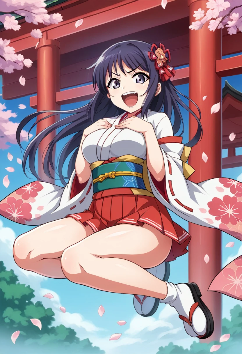 Big Breasts , live stage, solo,  looking at viewer, ((angry)), ((yelling)), hands on chest, mahoushoujo_kimono, pink_flower, obi, japanese_clothes, kimono, fur_trimmed_skirt, mini_skirt, flower_print_skirt, bow, looking_at_viewer, (front_view:1.3), female_focus, solo_focus, (view_straight_on:1.3), (blush:0.5), blue_ribbon, black_shoes, big_breasts, (posing:1.2), japanese jinja, shrine, (sakura, petals_floating, day, dating, happy:1.3), (phantasy:1.1),dynamic pose