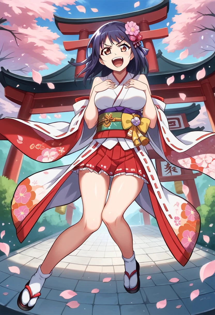 Big Breasts , live stage, solo,  looking at viewer, ((angry)), ((yelling)), hands on chest, mahoushoujo_kimono, pink_flower, obi, japanese_clothes, kimono, fur_trimmed_skirt, mini_skirt, flower_print_skirt, bow, looking_at_viewer, (front_view:1.3), female_focus, solo_focus, (view_straight_on:1.3), (blush:0.5), blue_ribbon, black_shoes, big_breasts, (posing:1.2), japanese jinja, shrine, (sakura, petals_floating, day, dating, happy:1.3), (phantasy:1.1),dynamic pose