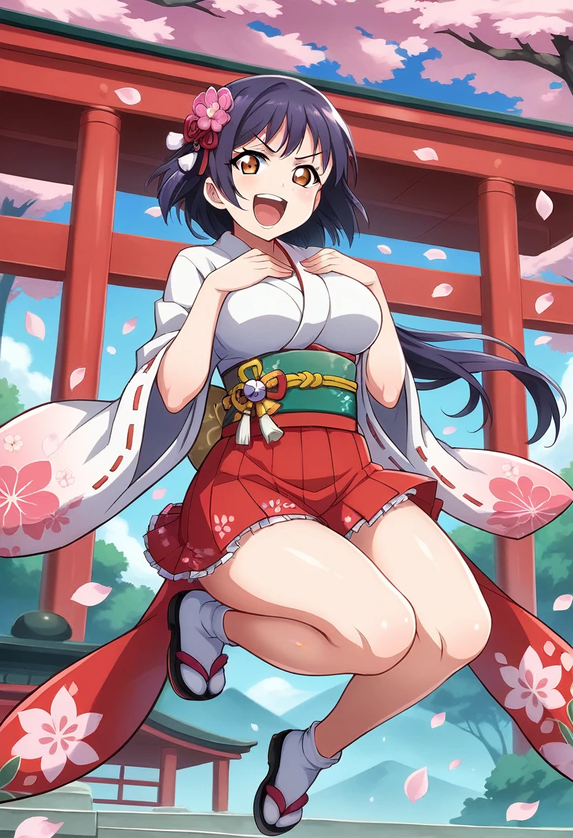 Big Breasts , live stage, solo,  looking at viewer, ((angry)), ((yelling)), hands on chest, mahoushoujo_kimono, pink_flower, obi, japanese_clothes, kimono, fur_trimmed_skirt, mini_skirt, flower_print_skirt, bow, looking_at_viewer, (front_view:1.3), female_focus, solo_focus, (view_straight_on:1.3), (blush:0.5), blue_ribbon, black_shoes, big_breasts, (posing:1.2), japanese jinja, shrine, (sakura, petals_floating, day, dating, happy:1.3), (phantasy:1.1),dynamic pose