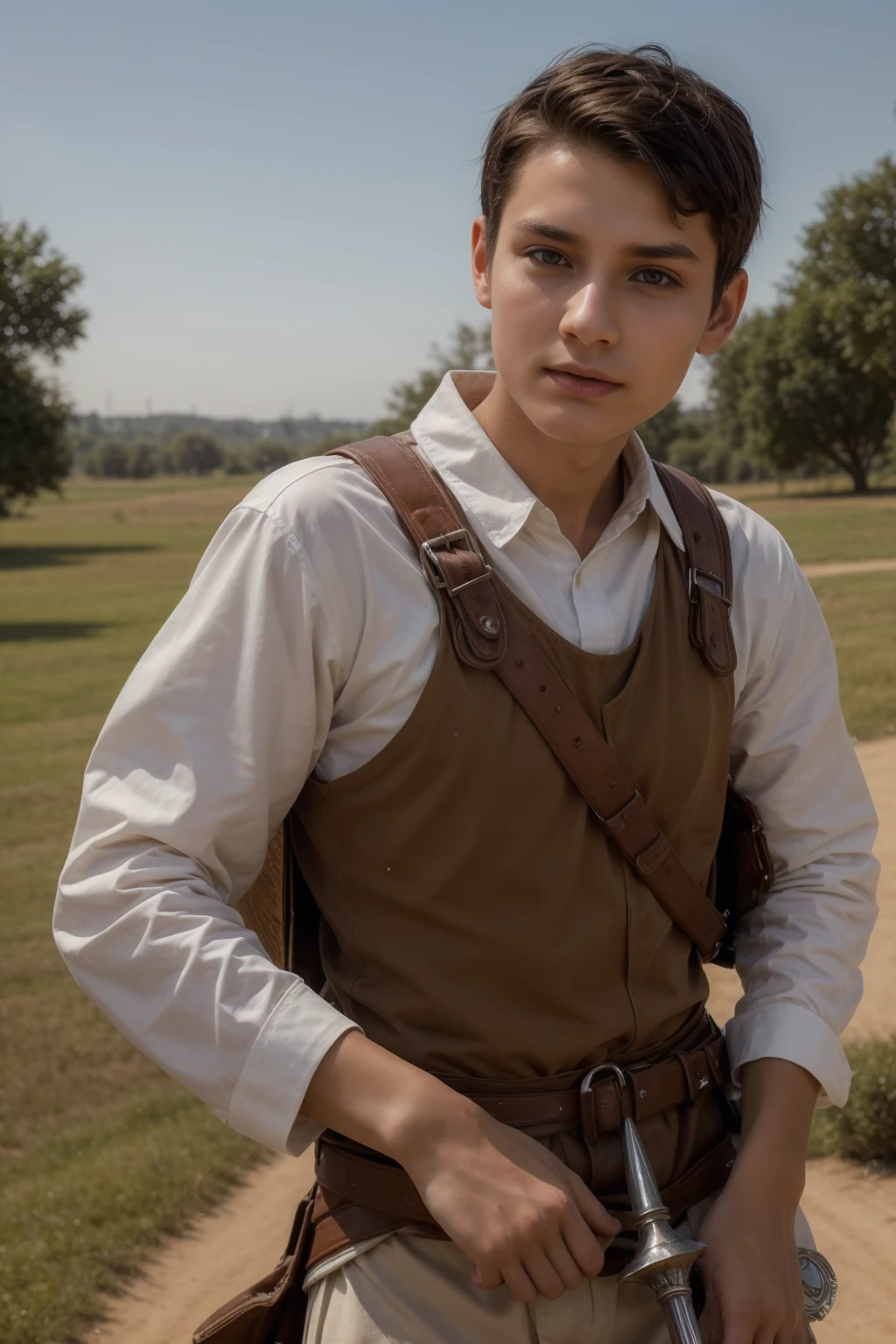 A cute twink male with a face with make-up and black hair. He is wearing a long-sleeved white shirt and brown pants. He is riding a horse and is on the battlefield fighting against the army. He has a sword in his hand and he is carrying a shield.