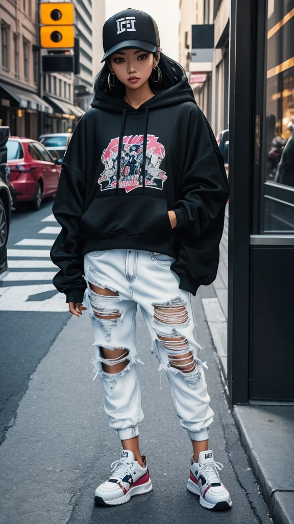 A stunning Asian woman confidently sporting a trendy streetwear outfit, complete with a stylish oversized hoodie, ripped jeans, and fashionable sneakers. Her look is accentuated by bold accessories, like a snapback cap and statement jewelry, blending urban edge with contemporary flair.