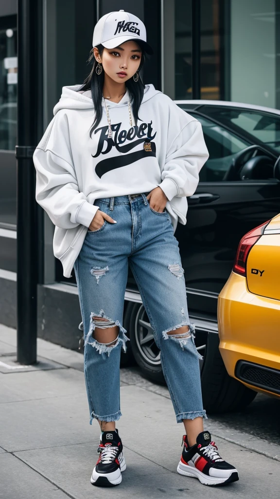 A stunning Asian woman confidently sporting a trendy streetwear outfit, complete with a stylish oversized hoodie, ripped jeans, and fashionable sneakers. Her look is accentuated by bold accessories, like a snapback cap and statement jewelry, blending urban edge with contemporary flair.