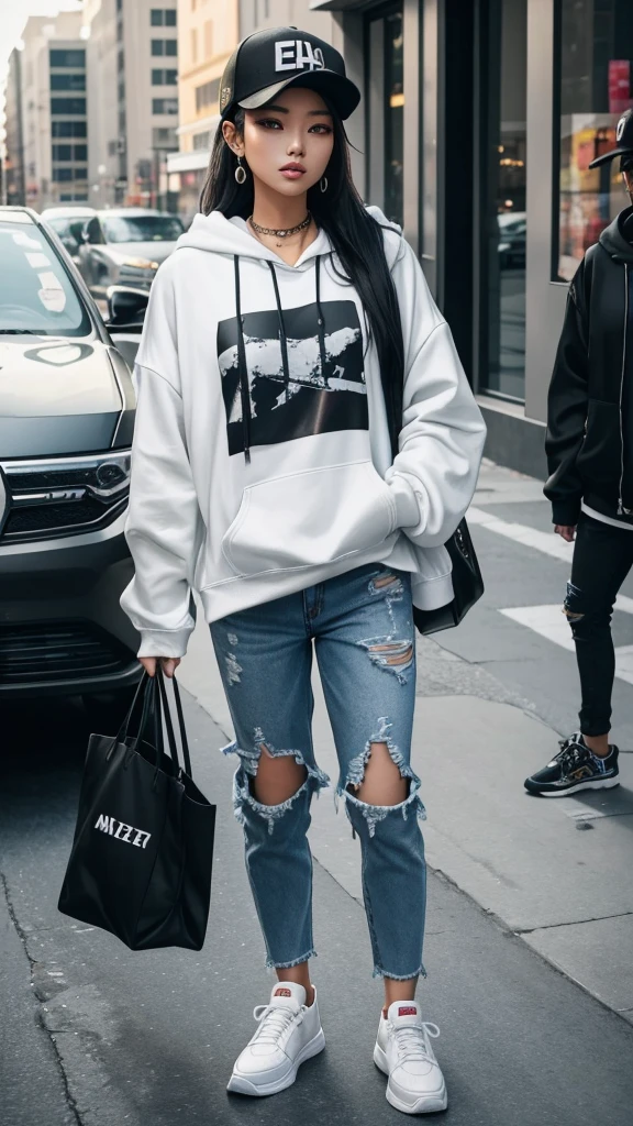 A stunning Asian woman confidently sporting a trendy streetwear outfit, complete with a stylish oversized hoodie, ripped jeans, and fashionable sneakers. Her look is accentuated by bold accessories, like a snapback cap and statement jewelry, blending urban edge with contemporary flair.