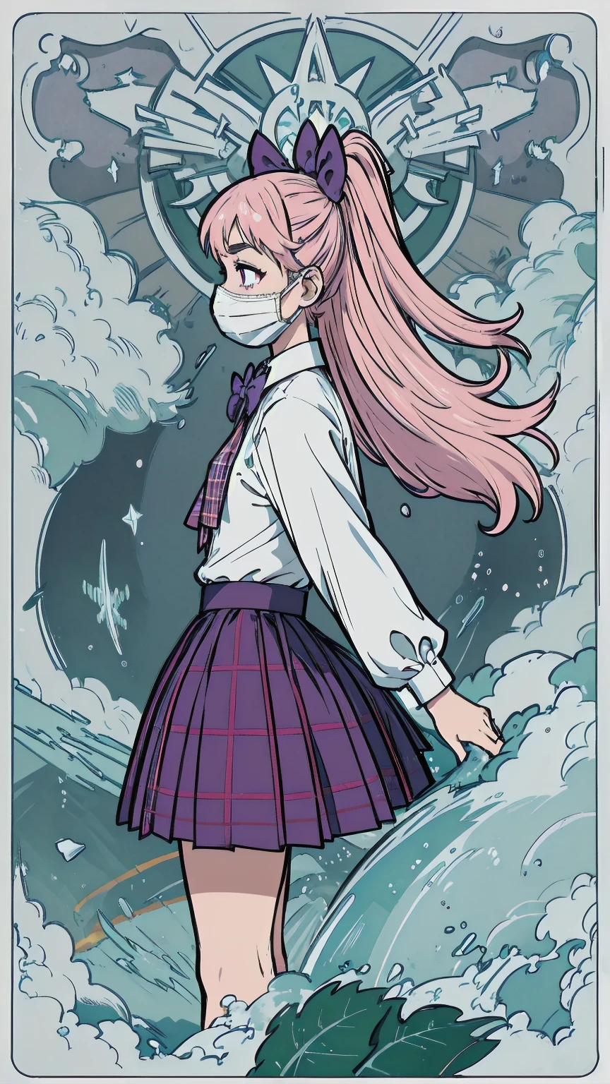 (1girl, koko), (guitar solo), bubble skirt, aqua shirt, bow, bowtie, buttons, collared shirt, expressionless, eyebrows hidden by hair, fox mask, cowboy shot, long hair, long sleeves, mask, multicolored buttons, pink eyes, pink hair, orange skirt, plaid, plaid shirt, purple bow, purple bowtie, shirt, skirt, solo, very long hair, sea, ocean, beach, cloudy, sunrays, dusk, moon, cloud, sky, outdoors, cloudy sky, leaf, ruins, sunbeam, post-apocalypse, side view