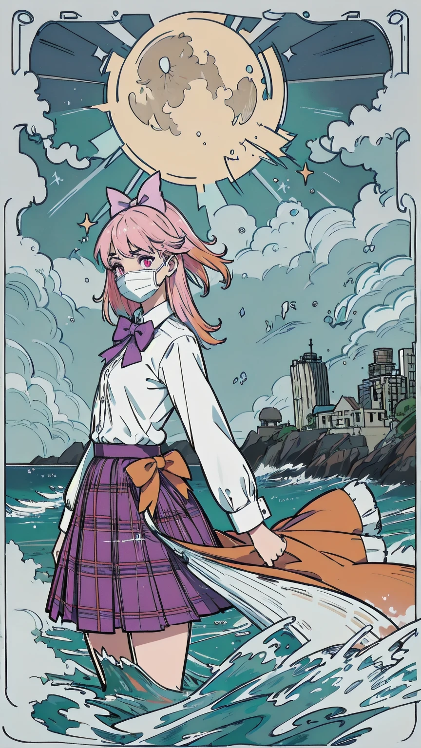 (1girl, koko), (guitar solo), bubble skirt, aqua shirt, bow, bowtie, buttons, collared shirt, expressionless, eyebrows hidden by hair, fox mask, cowboy shot, long hair, long sleeves, mask, multicolored buttons, pink eyes, pink hair, orange skirt, plaid, plaid shirt, purple bow, purple bowtie, shirt, skirt, solo, very long hair, sea, ocean, beach, cloudy, sunrays, dusk, moon, cloud, sky, outdoors, cloudy sky, leaf, ruins, sunbeam, post-apocalypse, side view