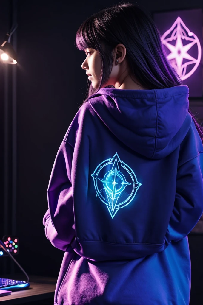Girl from the back whose face cannot be seen holding a wizard symbol and a purple and blue sweatshirt., gaming and gamer video maker, Sparks and lights like a magical and unreal world, with a lot of shine
