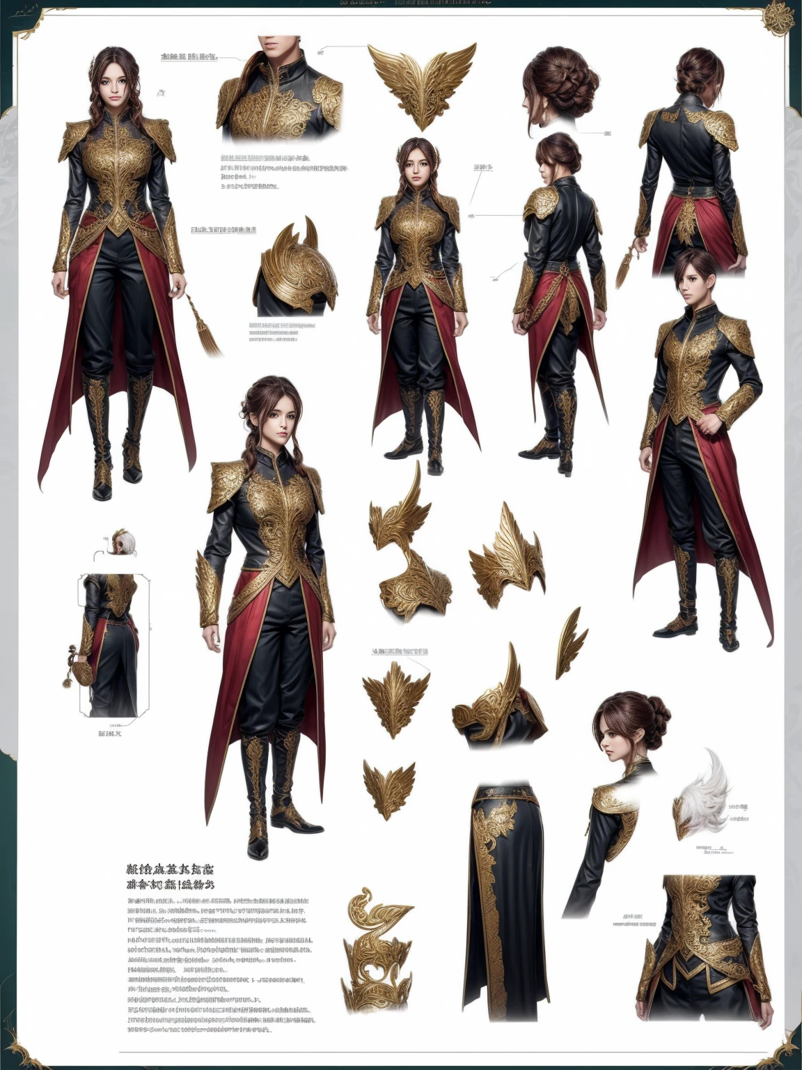 character design sheet, best quality, masterpiece, Representative work, official art, Professional, Ultra intricate detailed, 8k, (+ character description, of details extra outfit),