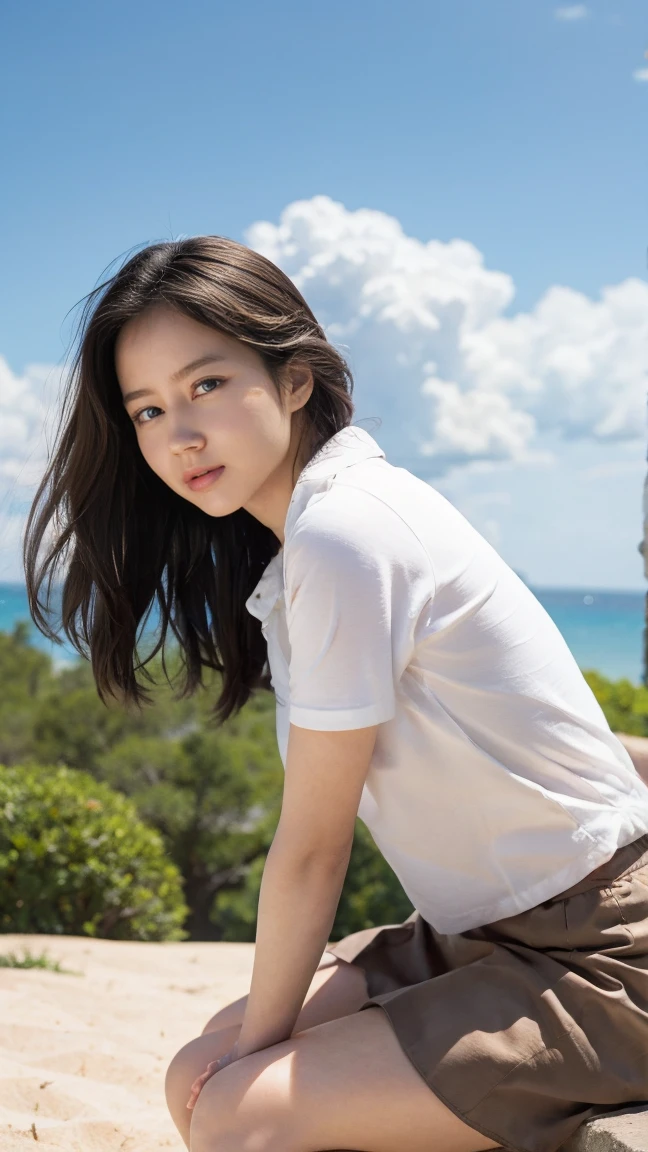 (((Low angle shooting、Looking into the camera:1.22,Leaning forward、Open shirt、No underwear)))、(((8k、Highest quality、masterpiece、Ultra-high resolution)))、(Realistic:1.4)、RAW Photos、(Realistic skin texture:1.3)、(Film Grain:1.3)、((Are standing、Skirt flutters in strong winds、Under the skirt、Do not bend your legs、Don'don't bend your knees、Spread your thighs、Beachside、))、One Girl、Beautiful and detailed eyes and face、masterpiece、Highest quality、close、thin、Japanese Uniform、dynamic、barefoot、Various poses、