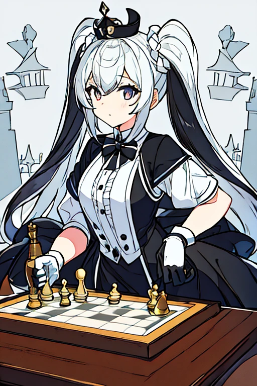 girl, hair in two pigtails black with white, white crown, black and white dress, chess player, gloves, estilo Danganrompa 