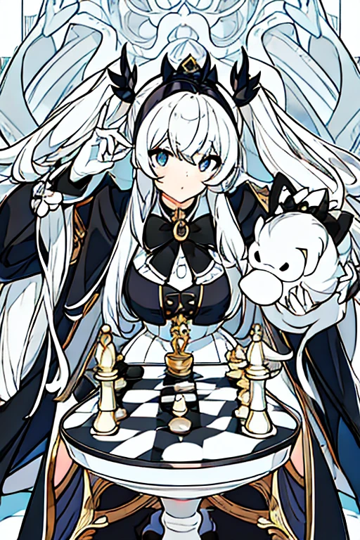 girl, hair in two pigtails black with white, white crown, black and white dress, chess player, gloves, estilo Danganrompa 