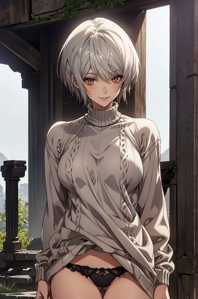 (Highest quality, High resolution, Very detailed), Silver Hair, Super short hair, Reddish brown eyes, sweater dress, lace ?????, ?????????????, 24th generation, Beautiful woman, mature, quiet, Calm, A small smile, ruins,