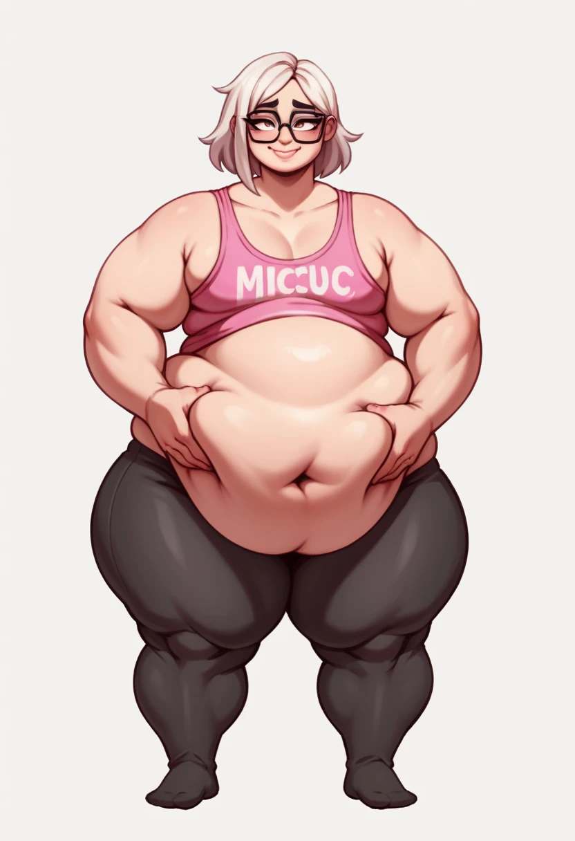 Sunkissed skin all over, Thicc, moobs, extremely morbidly obese, pink and white hair, ((wearing)), black 50s glasses, pink tanktop, black leggings, voluptuous, feminine boy, femboy, perfect hands, perfect face, smile, (anatomically correct), (Perfect/ realistic proportions:1.2), (overwhelmingly fat arms, obese face), hands grabbing belly, ((extremely widest hips possible!)), ((extremely massive thick thighs, morbidly large belly), belly overhang!)), (1080P, 4k UHD, Masterpiece:2.1!) ((single)), background: tilted towers_fortnite