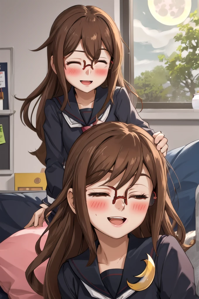 Highest quality, masterpiece, High resolution, alone, {full moon_Fleet Collection:1.15}, Long Hair, Brown Hair, Glasses, brown_eye, red-framed_Glasses, semi-rimless_Glasses, Crescent Moon, black_Seraphim, blush, Under Rim_Glasses, One girl, Closed_eye, Open_mouth, School_uniform, (indoor, office, living room), , blackスカート, smile, (Petite)