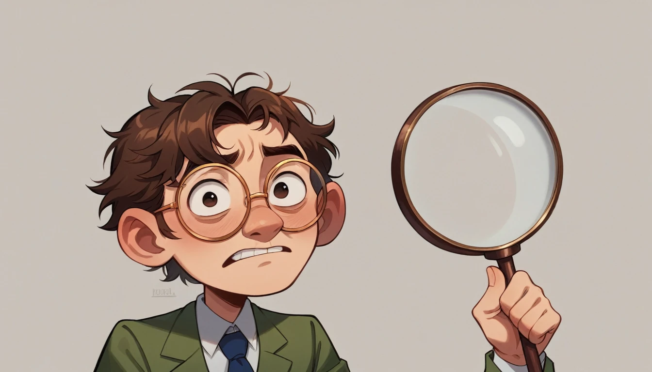 Make a Pixar Disney Movie "3DS style" now put a homem armado de "shorth hair" now put a "round magnifying glasses" Nele, while the city is in chaos, The name of the film is: "Kelwin" aspecto ratio "13:16"
