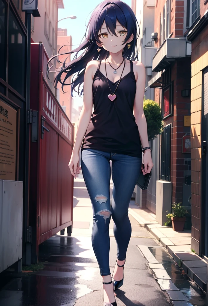 you like it, Umi Sonoda, Long Hair, Blue Hair, (Yellow Eyes:1.5) (Flat Chest:1.2),Blue Tank Top,Heart Necklace,Skinny jeans,Stiletto heels,happy smile, smile, Open your mouth,Walking,Daytime,Clear skies,whole bodyがイラストに入るように,
break outdoors, Building district, break looking at viewer,whole body,
break (masterpiece:1.2), Highest quality, High resolution, unity 8k wallpaper, (figure:0.8), (Beautiful attention to detail:1.6), Highly detailed face, Perfect lighting, Highly detailed CG, (Perfect hands, Perfect Anatomy),