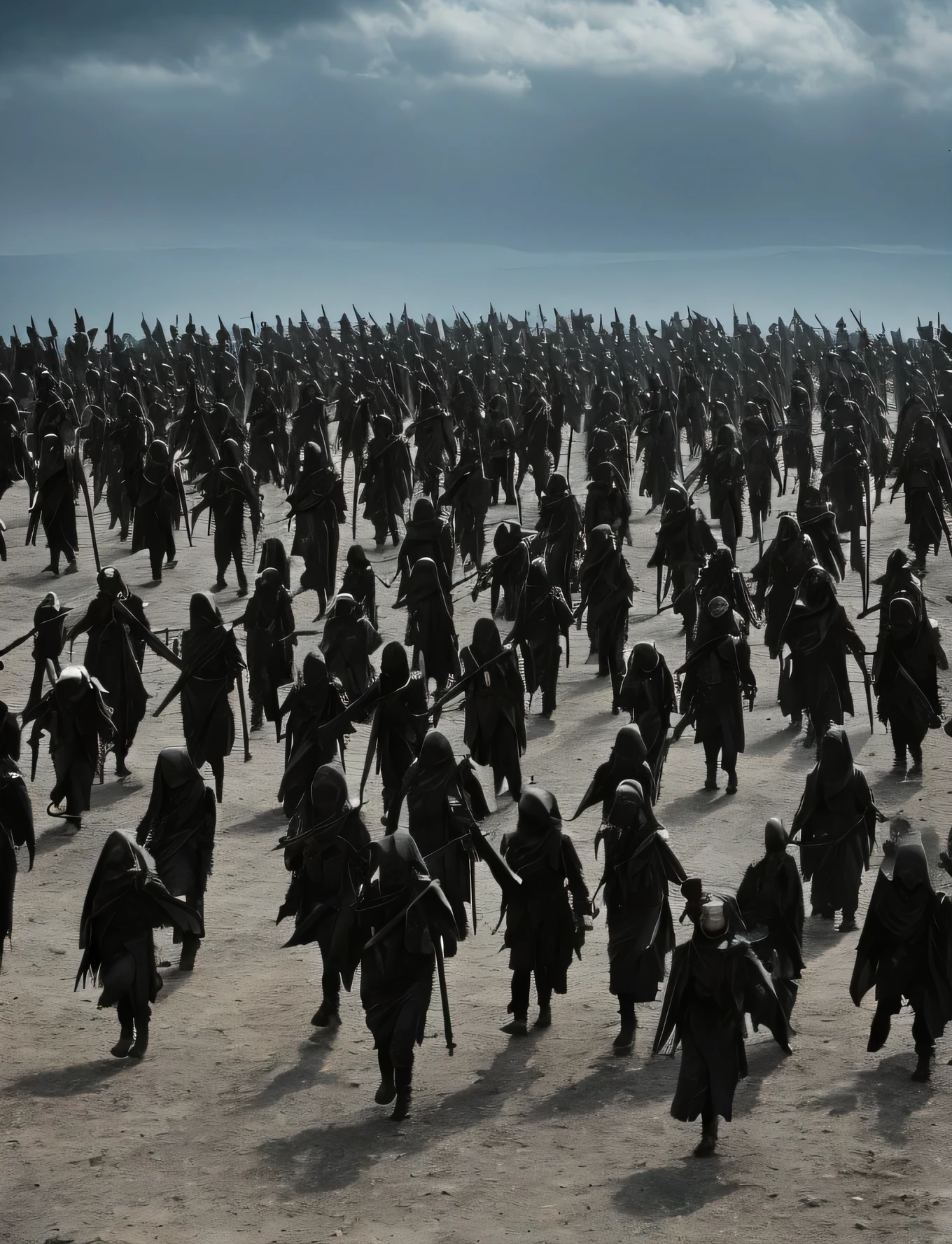 (((dark figures))), (((army))) of dark figures, (((many))) dark figures, marching ((toward the camera)), (barren landscape)