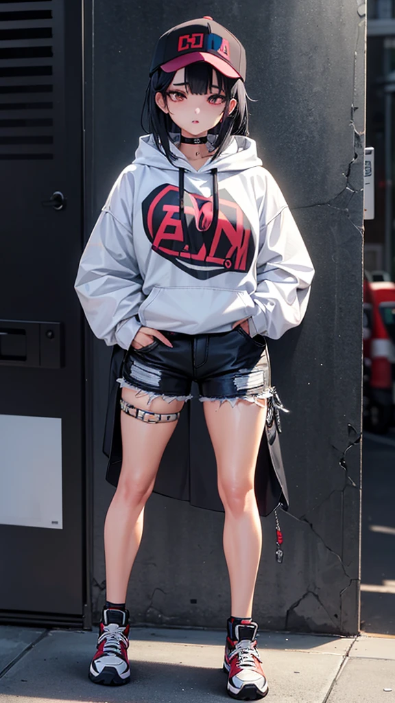 A stunning Asian woman confidently sporting a trendy streetwear outfit, complete with a stylish oversized hoodie, ripped jeans, and fashionable sneakers. Her look is accentuated by bold accessories, like a snapback cap and statement jewelry, blending urban edge with contemporary flair.
