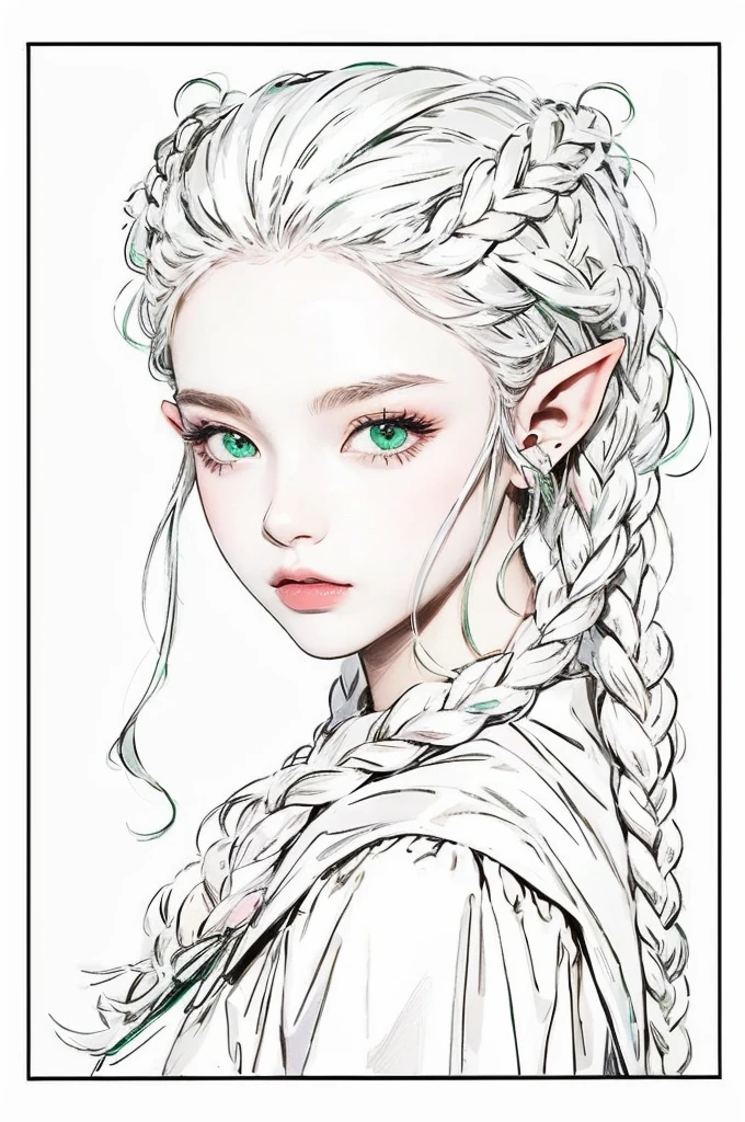elf girl, with emerald green eyes, silver-haired, slightly reddish white skin,pink mouth, ultra realisitic