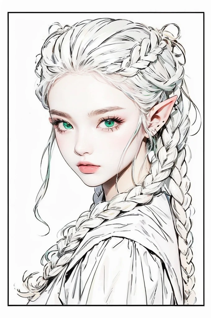 elf girl, with emerald green eyes, silver-haired, slightly reddish white skin,pink mouth, ultra realisitic 
