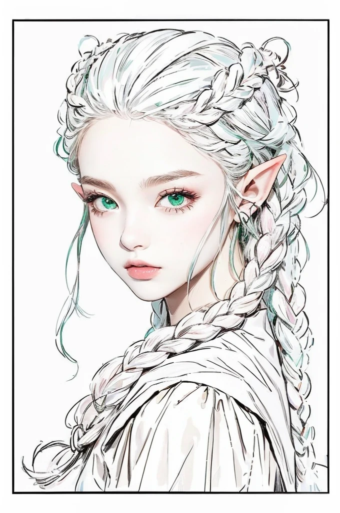 elf girl, with emerald green eyes, silver-haired, slightly reddish white skin,pink mouth, ultra realisitic 