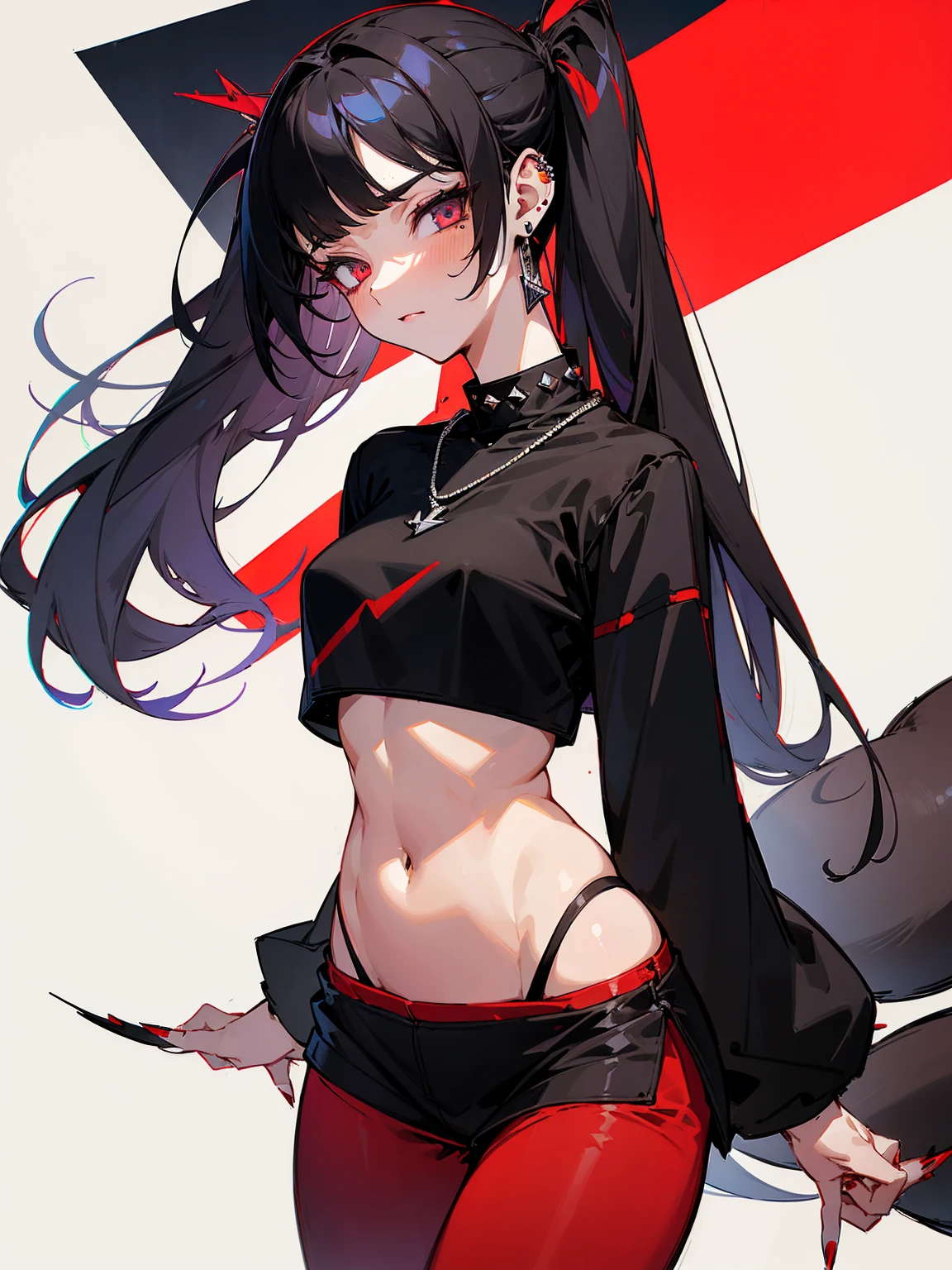 ((Long Straight Black hair)), Perfect face, Choker, Punk earrings, ((Tall)), ((High Quality)), Necklace, ((Mature)), Pretty Eyes, Sharp Nails, Bangs, ((1 Girl)), ((Multiple Earrings)), 1 girl, Spiky Earrings, Adult, Spiked Collar, Thin Eyelashes, Plain Background, Red Colors in Background, Shark Girl, Long Tail, Large Tail, Massive Tail, Shark Tail, ((Sweatpants)), ((Loose Crop Top)), Close Up, Very Short Mini Skirt, Tall, Long Legs, Dynamic Pose, Black Tail, 2 moles under left eye, Wide Hips, Pantyhose, Vibrant Colors, Close Up, Sexy, Suggestive, Sexually Suggestive,