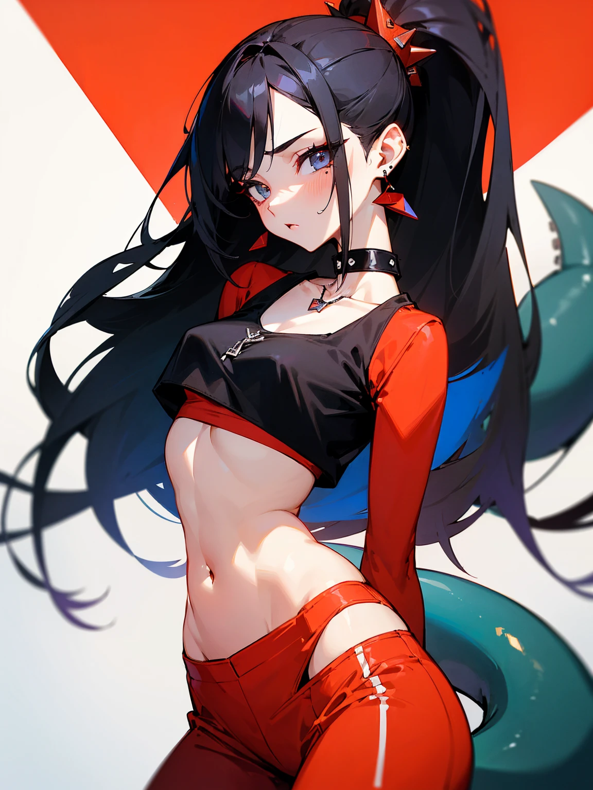((Long Straight Black hair)), Perfect face, Choker, Punk earrings, ((Tall)), ((High Quality)), Necklace, ((Mature)), Pretty Eyes, Sharp Nails, Bangs, ((1 Girl)), ((Multiple Earrings)), 1 girl, Spiky Earrings, Adult, Spiked Collar, Thin Eyelashes, Plain Background, Red Colors in Background, Shark Girl, Long Tail, Large Tail, Massive Tail, Shark Tail, ((Sweatpants)), ((Loose Crop Top)), Close Up, Very Short Mini Skirt, Tall, Long Legs, Dynamic Pose, Black Tail, 2 moles under left eye, Wide Hips, Pantyhose, Vibrant Colors, Close Up, Sexy, Suggestive, Sexually Suggestive,