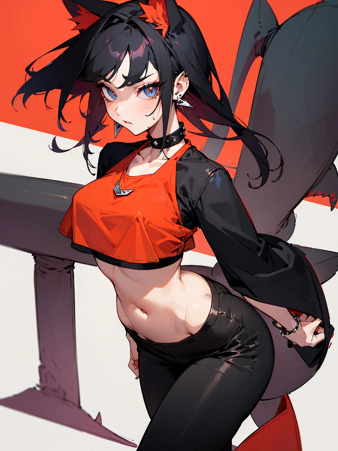 ((Long Straight Black hair)), Perfect face, Choker, Punk earrings, ((Tall)), ((High Quality)), Necklace, ((Mature)), Pretty Eyes, Sharp Nails, Bangs, ((1 Girl)), ((Multiple Earrings)), 1 girl, Spiky Earrings, Adult, Spiked Collar, Thin Eyelashes, Plain Background, Red Colors in Background, Shark Girl, Long Tail, Large Tail, Massive Tail, Shark Tail, ((Sweatpants)), ((Loose Crop Top)), Close Up, Very Short Mini Skirt, Tall, Long Legs, Dynamic Pose, Black Tail, 2 moles under left eye, Wide Hips, Pantyhose, Vibrant Colors, Close Up, Sexy, Suggestive, Sexually Suggestive,