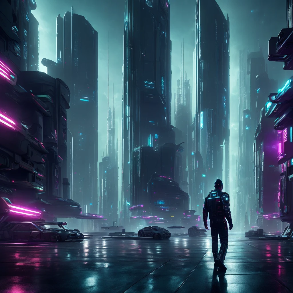 1 man in a futuristic cyberpunk setting, glowing cybernetic implants, intense gaze, muscular build, short dark hair, wearing black leather jacket and pants, complex circuitry and machinery, neon city skyline in background, cinematic lighting, dramatic shadows, (best quality,4k,8k,highres,masterpiece:1.2),ultra-detailed,(realistic,photorealistic,photo-realistic:1.37),cinematic, sci-fi, concept art