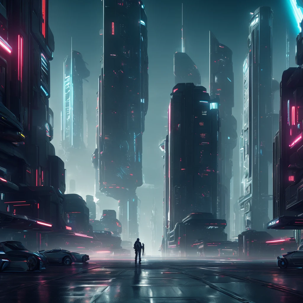 1 man in a futuristic cyberpunk setting, glowing cybernetic implants, intense gaze, muscular build, short dark hair, wearing black leather jacket and pants, complex circuitry and machinery, neon city skyline in background, cinematic lighting, dramatic shadows, (best quality,4k,8k,highres,masterpiece:1.2),ultra-detailed,(realistic,photorealistic,photo-realistic:1.37),cinematic, sci-fi, concept art