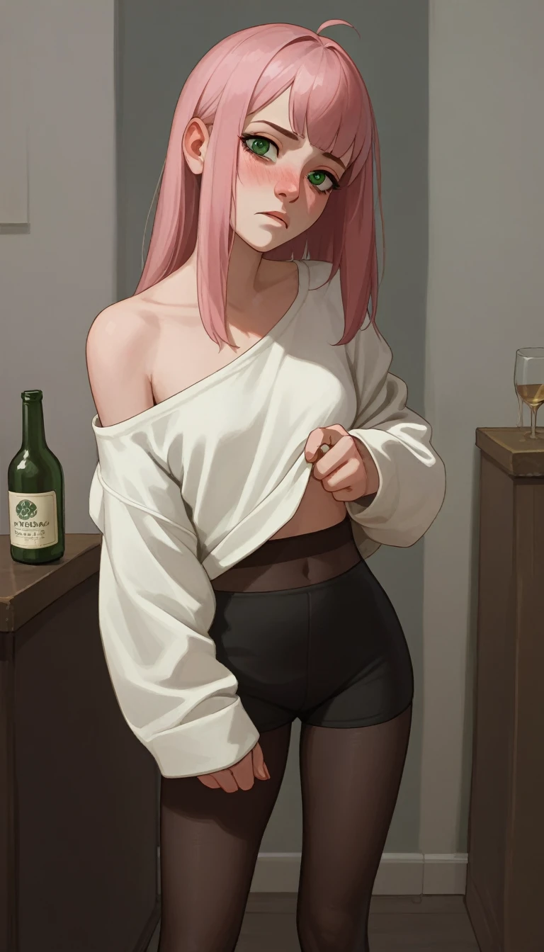 looking at viewer, solo, anya, 1girl, (()), ((very drunk)), ((staggers)), ((drank too much)), ((exhausted)), ((agitated)), ((ate too much)), pink hair, Green eyes, off shoulder, pink pul, black pantyhose, ((standing)),