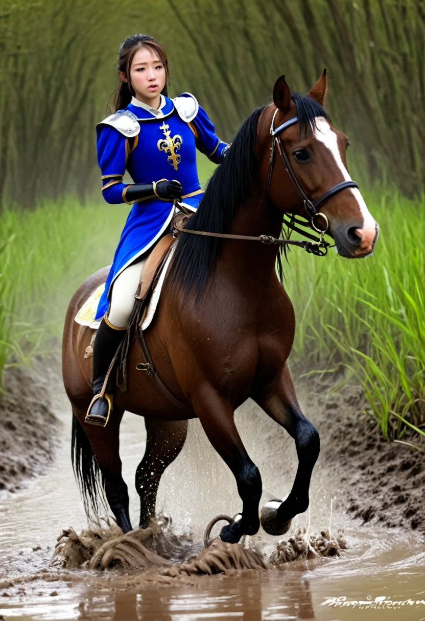 (((masterpiece))),(((Highest quality))),((Tabletop:1.4, Highest quality)), (Realな写真:1.4), in the muddy river,dirty swamp,horse ridden by girl fall over swamp,Sweaty girl,
((1 cute girl knight)),rodeo,horse standing,Surprised face,stumble,aggressive,slouch,horse standing, prancing horse in pitfall,cute,Napoléon horse sliped in pitfall,in the pitfall,Uplifting,Knight Princess,
(超High resolution:1.2),, wonderful, Very detailed CG Unity 8k wallpaper, Very detailed, High resolution,fat horse ridden by japanese girl,Double,Royal blue armor, cape and crown,Soaking in the swamp,Mud Splash,
Soft Light, Beautiful detailed girl, Droopy eyes,Very detailedな目と顔, Beautiful and exquisite nose, Beautiful and exquisite,  horse ridden by a girl can't stand up because its drowned in the sticky muddy pitfall:10.0 ,Displeased face:4.0,Real,Stir,Anatomically correct,action horse riding scene while struggle fighting