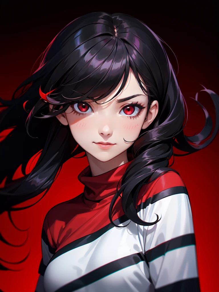 (((Portrait Photo))), She is a Young Girl with a Small, Athletic Build, and a Youthful Charm. She has Long, Wavy, Black Hair, Styled in Loose Waves that Flow Wildly. Her Intense Red Eyes Express a Silly and Happy Look, Giving Off a Childish and Immature Attitude. She Usually Wears an Oversized, Baggy Red Cropped Sweatshirt. (((High Quality, Dark Background))), (((Portrait Photo)))