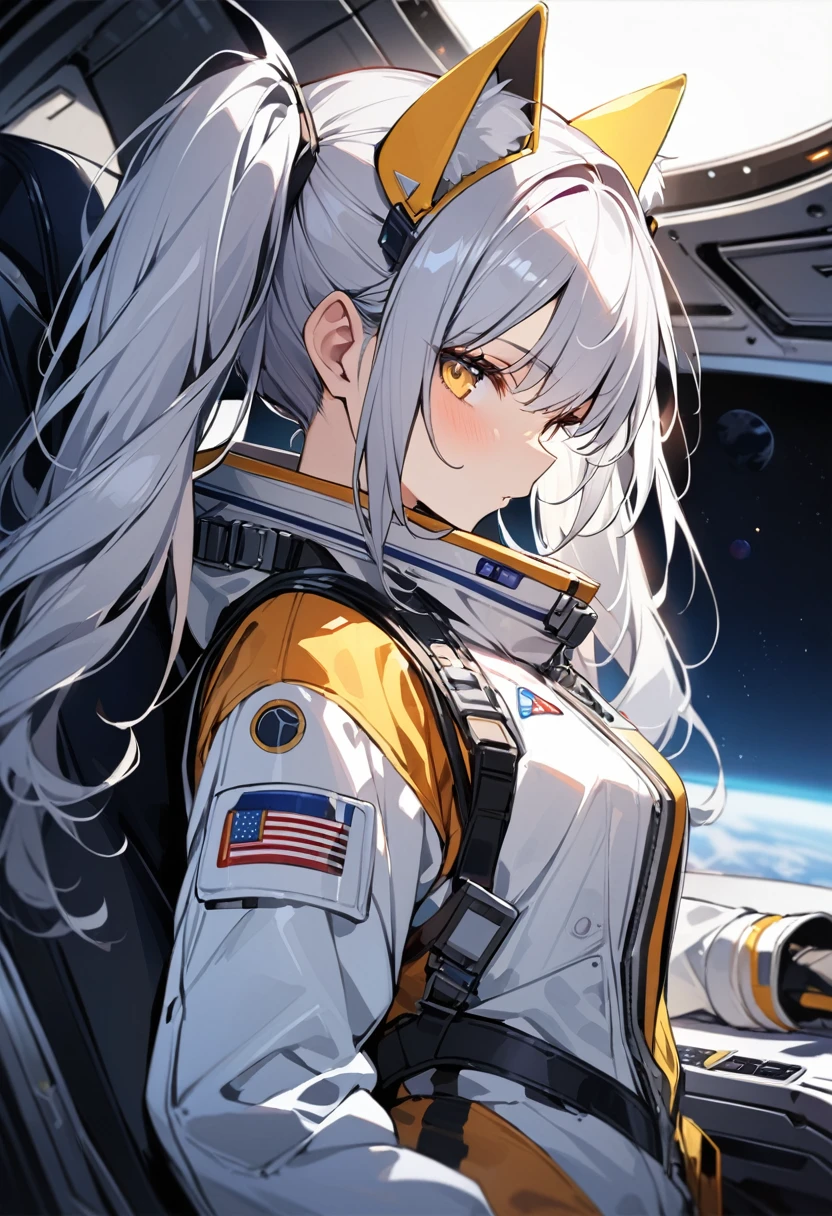 masterpiece, best quality, 1girl, spacecraft interior, spacesuit, upper body, from side, science fiction, yellow eyes, twintails, silver hair, cat ears, looking at viewer,