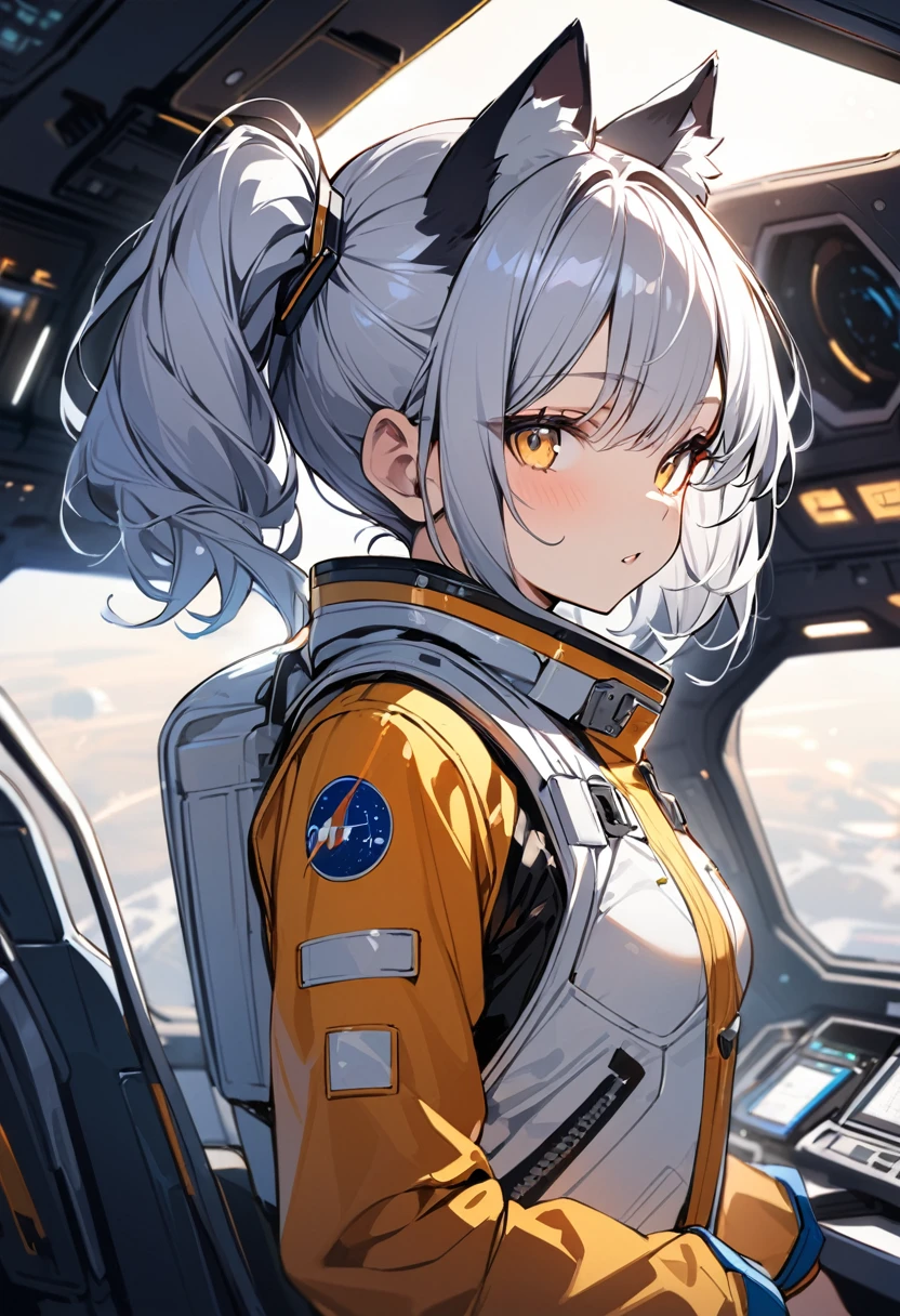 masterpiece, best quality, 1girl, spacecraft interior, spacesuit, upper body, from side, science fiction, yellow eyes, twintails, silver hair, cat ears, looking at viewer,