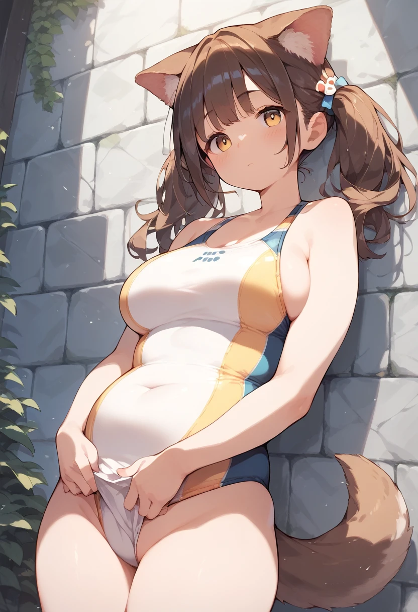 score_9, score_8_up, score_7_up, score_6_up, stone wall background,1girl, solo, ((masterpiece), best quality, expressive eyes, perfect face, busty girl, dog girl, swimsuit, dog tail, pigtails, stripped swimsuit, yellow and white swimsuit, plump, brown hair, cute, innocent