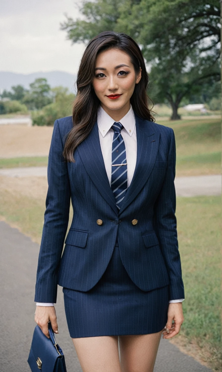 a beautiful picture of fukuharaXL ,woman,detailed skin texture,masterpiece, photorealistic, light, RAW color photo,(fully in frame:1.1), (blush:0.5), (goosebumps:0.5),(((navy pinstripe silk skirt suit))), (((three-piece suit))), (((light blue dress shirt with white collar))), (((necktie))), (((blazer))), (((suit jacket))), ((waistcoat)), double-breasted waistcoat, (((bodycon miniskirt))), pocket square, cufflinks, tie clip,detailed face,outdoors, (smile:0.5), film grain,cinematic lightning,fujifilm ,detailed eyes,camera, smile, office background, hair down, makeup, lipstick, mascara, eyeliner, eyeshadow, silky glossy hair, high heels, pinup pose