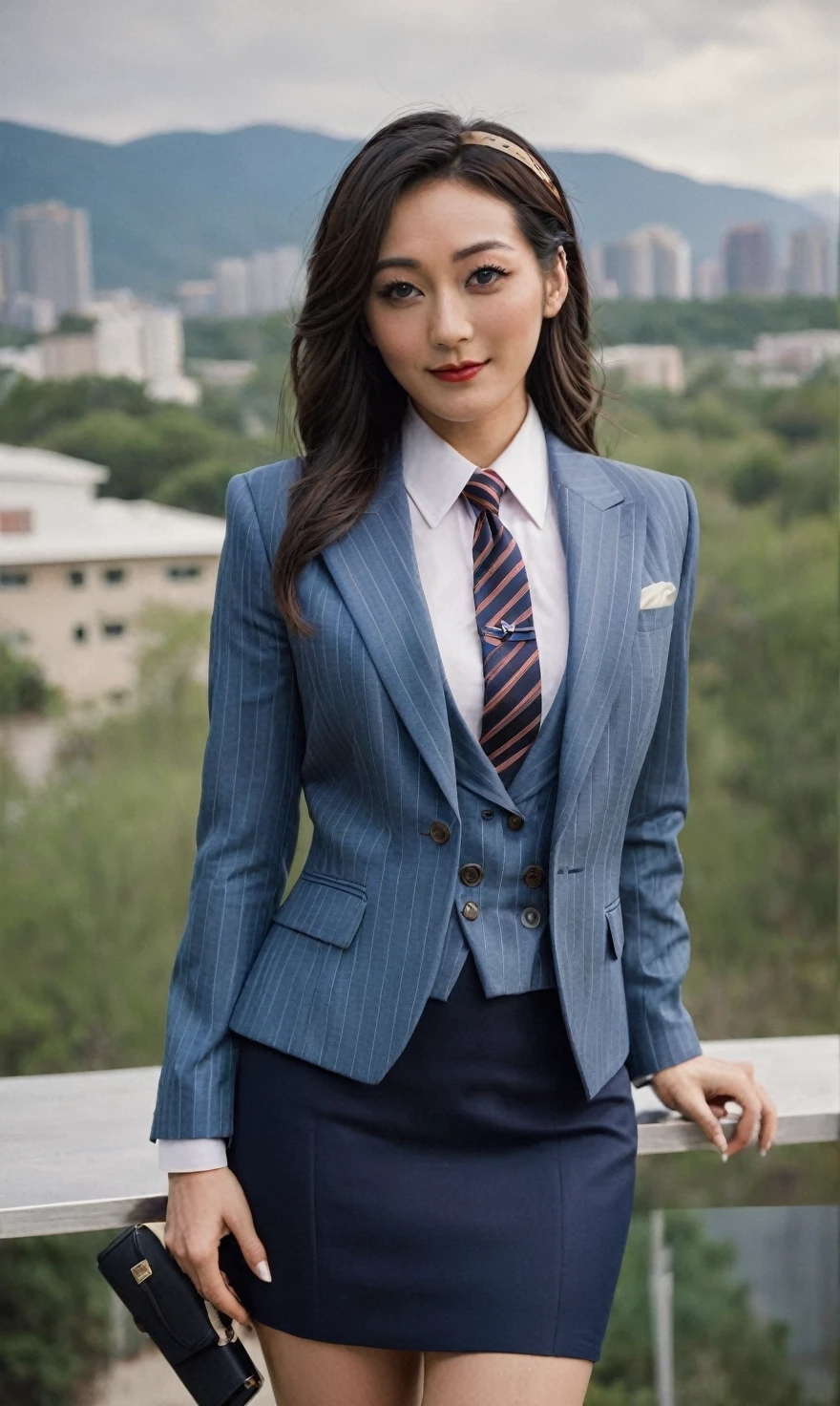 a beautiful picture of fukuharaXL ,woman,detailed skin texture,masterpiece, photorealistic, light, RAW color photo,(fully in frame:1.1), (blush:0.5), (goosebumps:0.5),(((navy pinstripe silk skirt suit))), (((three-piece suit))), (((light blue dress shirt with white collar))), (((necktie))), (((blazer))), (((suit jacket))), ((waistcoat)), double-breasted waistcoat, (((bodycon miniskirt))), pocket square, cufflinks, tie clip,detailed face,outdoors, (smile:0.5), film grain,cinematic lightning,fujifilm ,detailed eyes,camera, smile, office background, hair down, makeup, lipstick, mascara, eyeliner, eyeshadow, silky glossy hair, high heels, pinup pose
