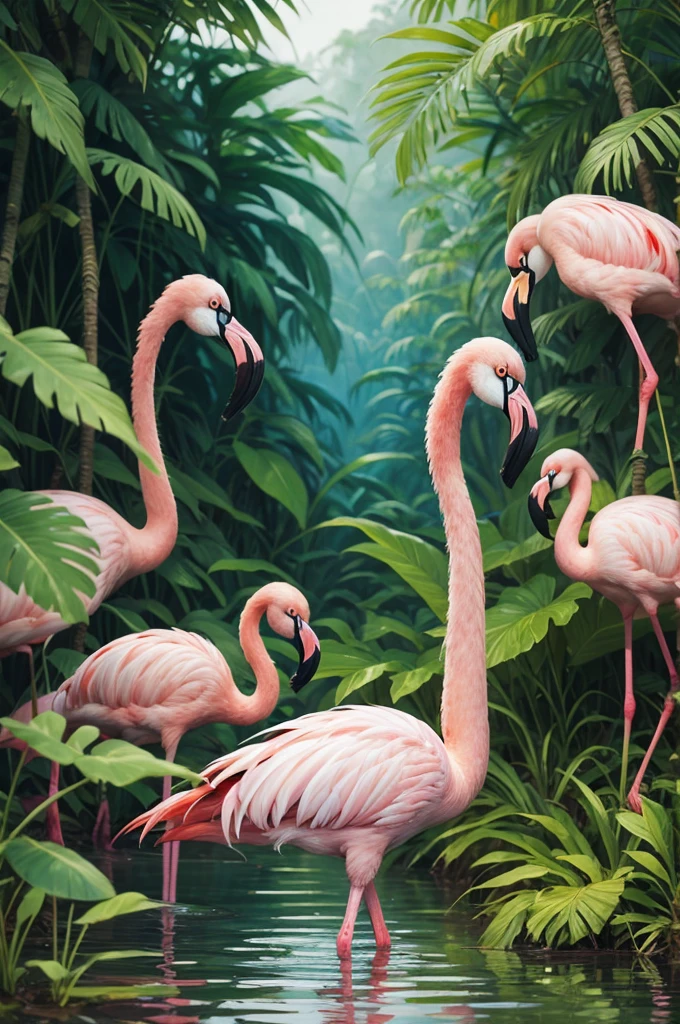 Painting painting flamingos in the Amazon rainforest 