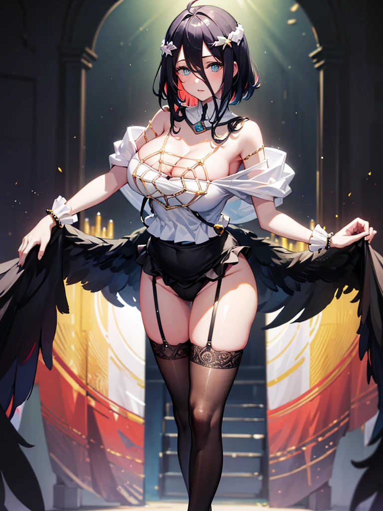 (absurdities, High resolution, ultra detailed),1girl, multicolor fur, short hair, blue eyes, multicolor tight clothing, neckline, breasts, mini skirt with ruffles on the sides, black lace stockings , standing, posing, muliples vistas,
