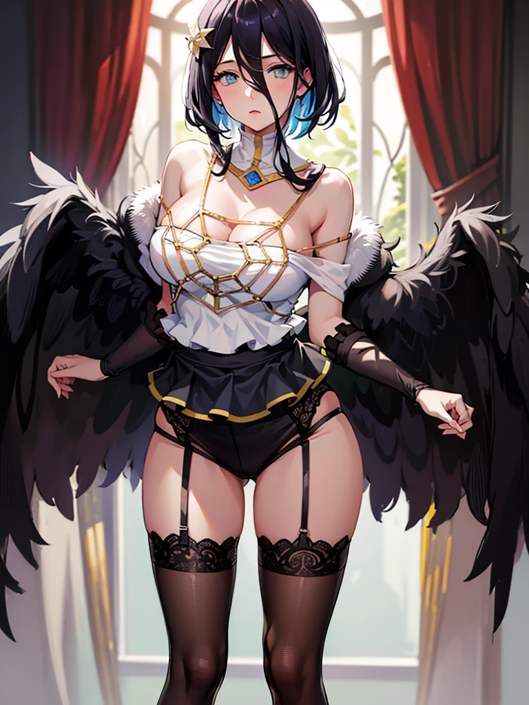 (absurdities, High resolution, ultra detailed),1girl, multicolor fur, short hair, blue eyes, multicolor tight clothing, neckline, breasts, mini skirt with ruffles on the sides, black lace stockings , standing, posing, muliples vistas,
