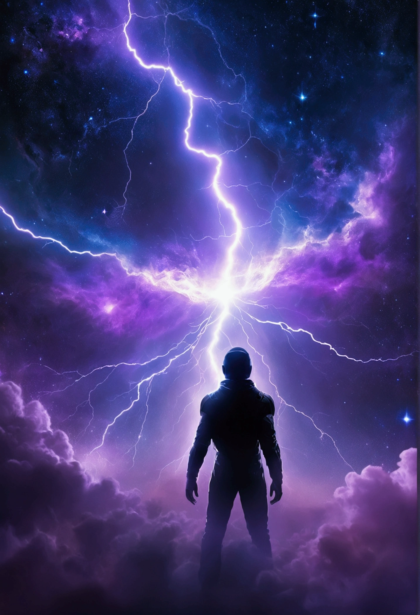 album cover, cosmic universe, hazy shadow, purple, blue and black, lightning, Deep space, floating in front of a nebula, shadow of a creature in the nebula