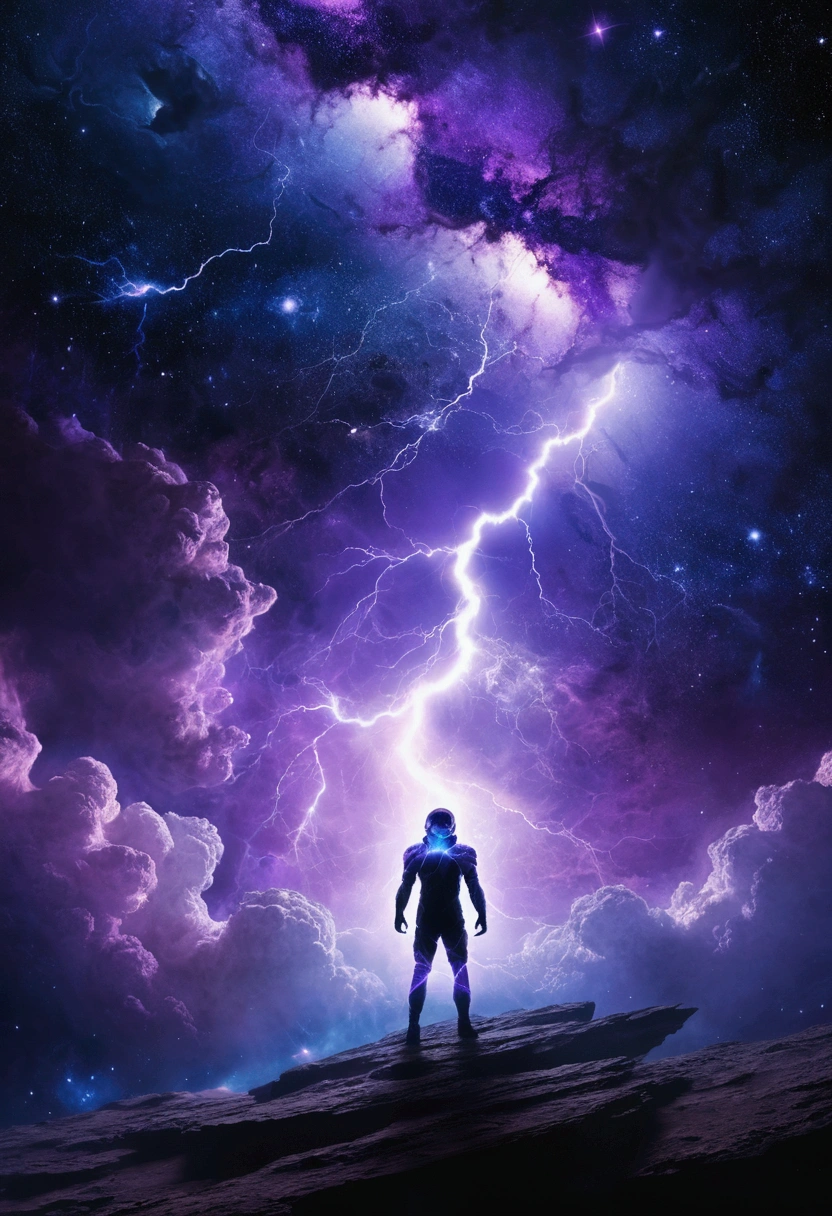 album cover, cosmic universe, hazy shadow, purple, blue and black, lightning, Deep space, floating in front of a nebula, shadow of a creature in the nebula