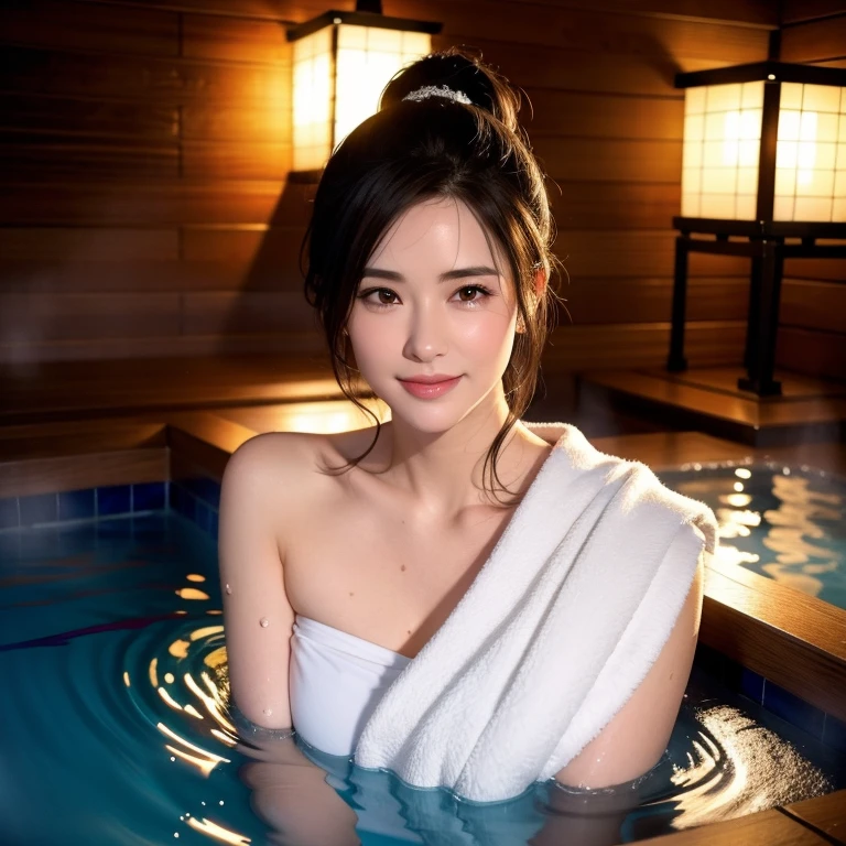 a gorgeous milf, medium length hair in ponytail, soaking wet, wearing a bath towel, smiling shyly, reddish cheeks, private onsen, hot spring, selfie, detailed facial features, beautiful eyes, (best quality,4k,8k,highres,masterpiece:1.2),ultra-detailed,(realistic,photorealistic,photo-realistic:1.37),cinematic lighting, warm color tones, photorealistic