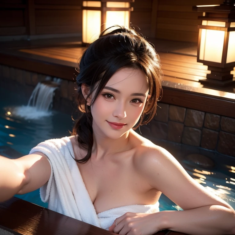 a gorgeous milf, medium length hair in ponytail, soaking wet, wearing a bath towel, smiling shyly, reddish cheeks, private onsen, hot spring, selfie, detailed facial features, beautiful eyes, (best quality,4k,8k,highres,masterpiece:1.2),ultra-detailed,(realistic,photorealistic,photo-realistic:1.37),cinematic lighting, warm color tones, photorealistic