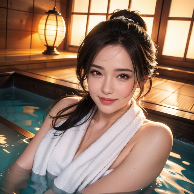 a gorgeous milf, medium length hair in ponytail, soaking wet, wearing a bath towel, smiling shyly, reddish cheeks, private onsen, hot spring, selfie, detailed facial features, beautiful eyes, (best quality,4k,8k,highres,masterpiece:1.2),ultra-detailed,(realistic,photorealistic,photo-realistic:1.37),cinematic lighting, warm color tones, photorealistic