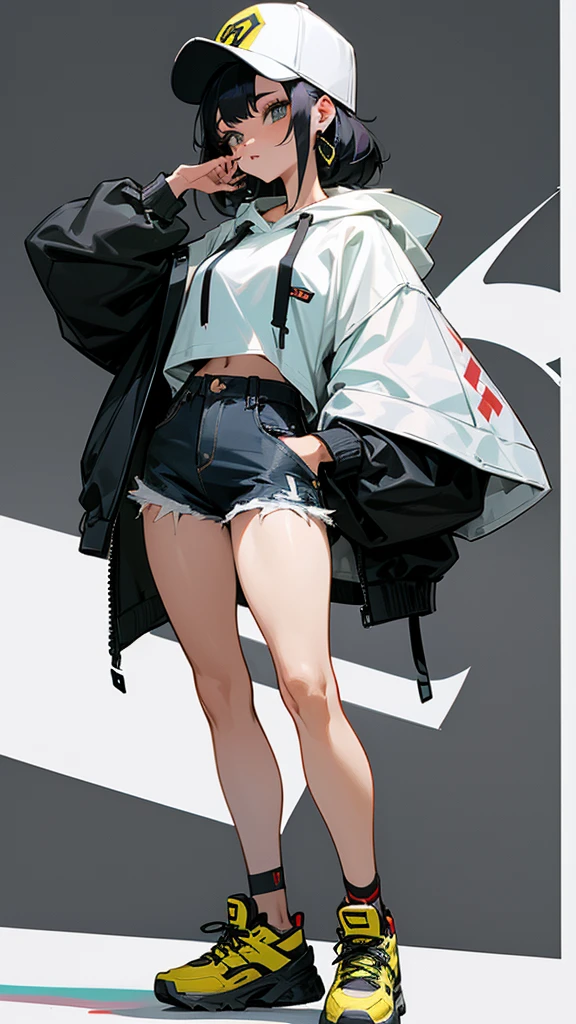 A stunning Asian woman confidently sporting a trendy streetwear outfit, complete with a stylish oversized hoodie, ripped jeans, and fashionable sneakers. Her look is accentuated by bold accessories, like a snapback cap and statement jewelry, blending urban edge with contemporary flair.
