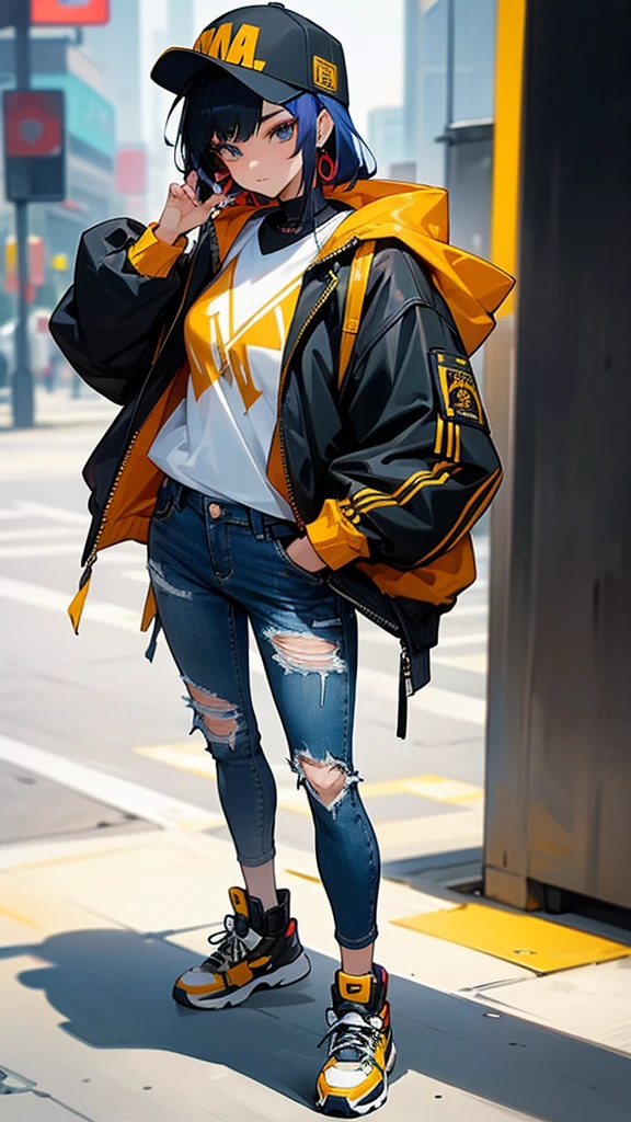 A stunning Asian woman confidently sporting a trendy streetwear outfit, complete with a stylish oversized hoodie, ripped jeans, and fashionable sneakers. Her look is accentuated by bold accessories, like a snapback cap and statement jewelry, blending urban edge with contemporary flair.