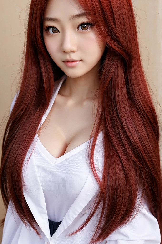 School picture photography of gorgeous realistic half Japanese and half Chinese anime woman, red hair, long wavy hair, heart shaped face, round eye shape, red eye color , straight nose, round lip shape, large breast,