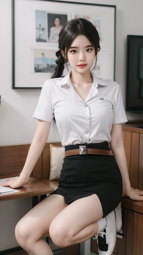  (8ก, best quality, Masterpiece, very high:1.2) Photo of a beautiful Thai woman, Beautiful and charming with contemporary fashion paintings. , (1 girl), (white short sleeve shirt), ((black pencil skirt)), belt , Realistic skin texture , round chin, Art lens 85mm, F 1. 2, Sharp focus, High resolution 8K, Crazy details, complicated, elegant, big breasts , black skirt , twin tail hair , white shoes